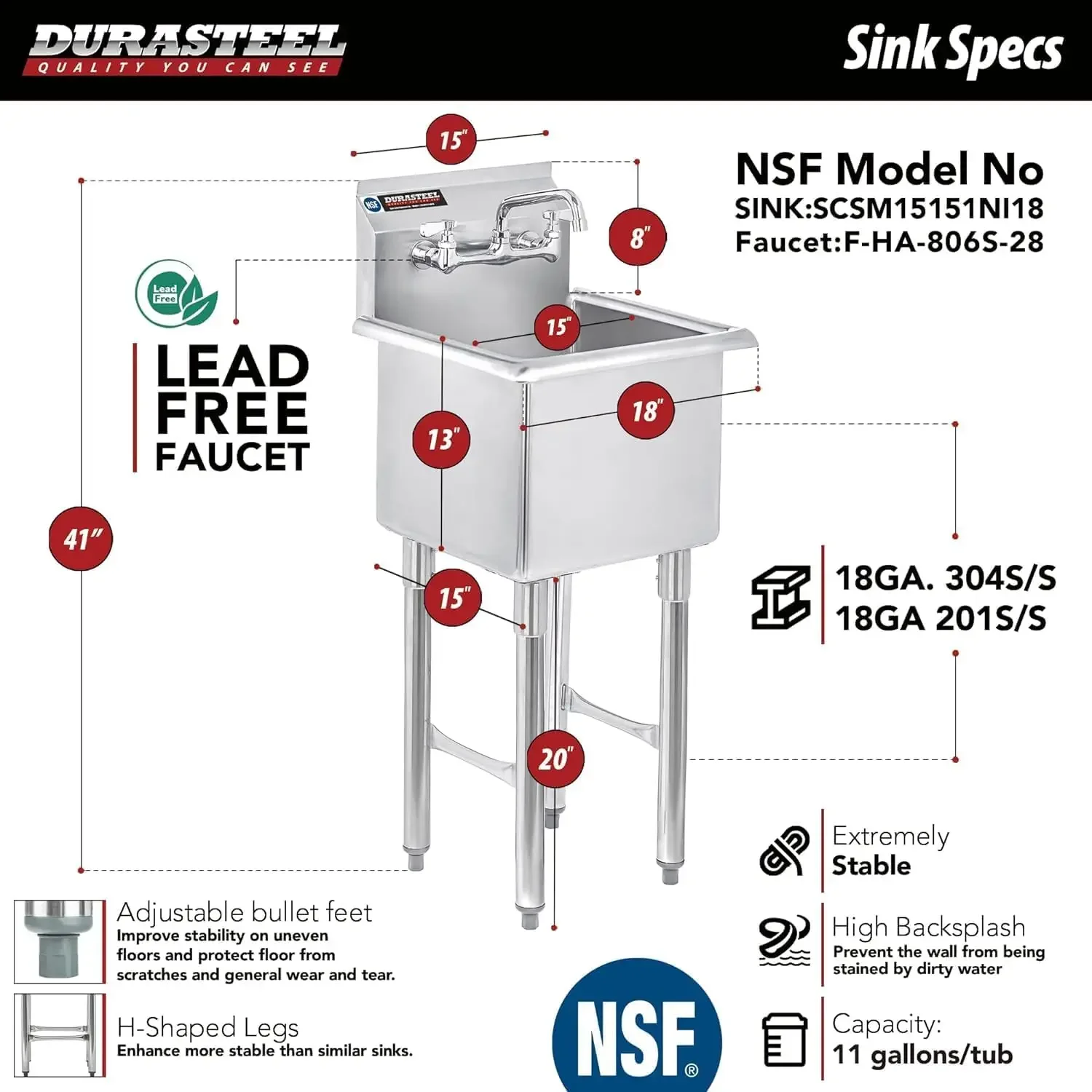 304 Commercial Stainless Steel Utility Sink - 15 Inch Tub Freestanding Prep Kitchen Sink w/ Faucet - NSF Hand Wash Station