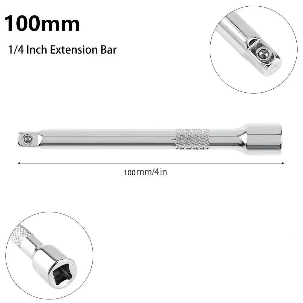 1/4 Inch Chromed Steel Extension Bar Socket Wrench Adapter 50/75/100mm Drive Ratchet Socket Wrench Power Drill Adapter