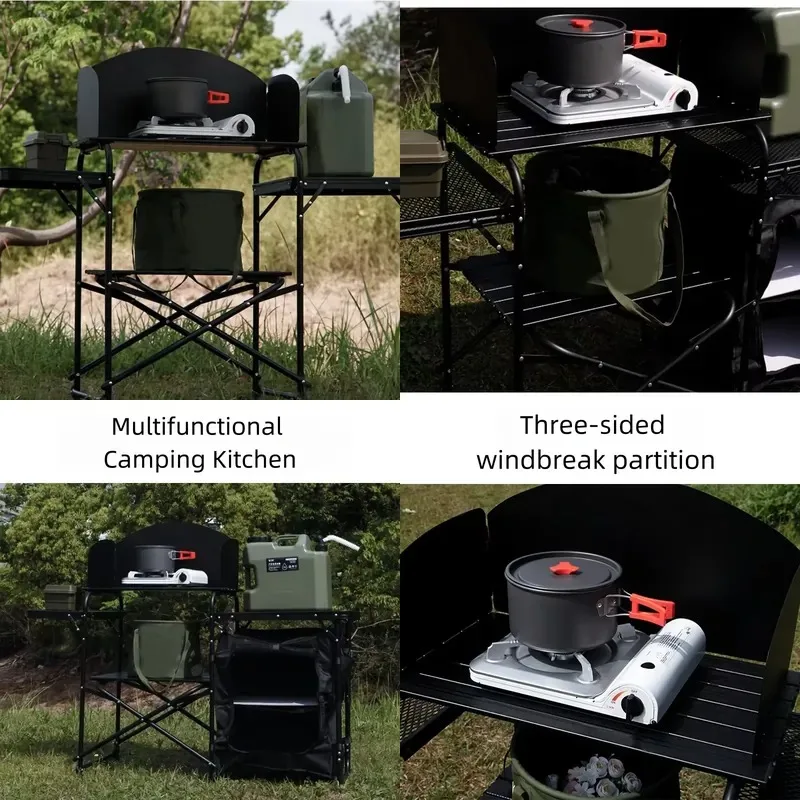 Aluminum Camping Kitchen Table Foldable Outdoor Cooking Station with Iron Rack 146x46cm Includes 600D Oxford Cloth