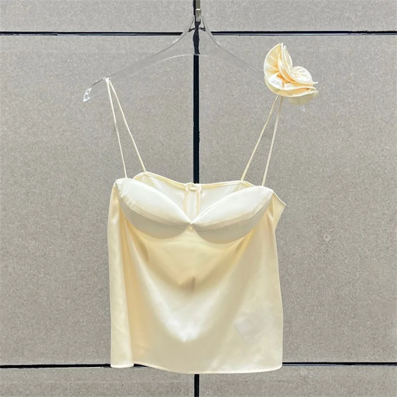 

Women's vest New autumn 2025 Satin slim fit suspender sleeveless top Sexy backless Women's corset 3D flower decoration Tank top