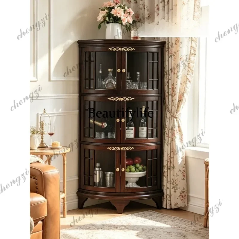 K153 Solid wood corner cabinet retro corner wine cabinet household living room triangle display glass door storage cabinet