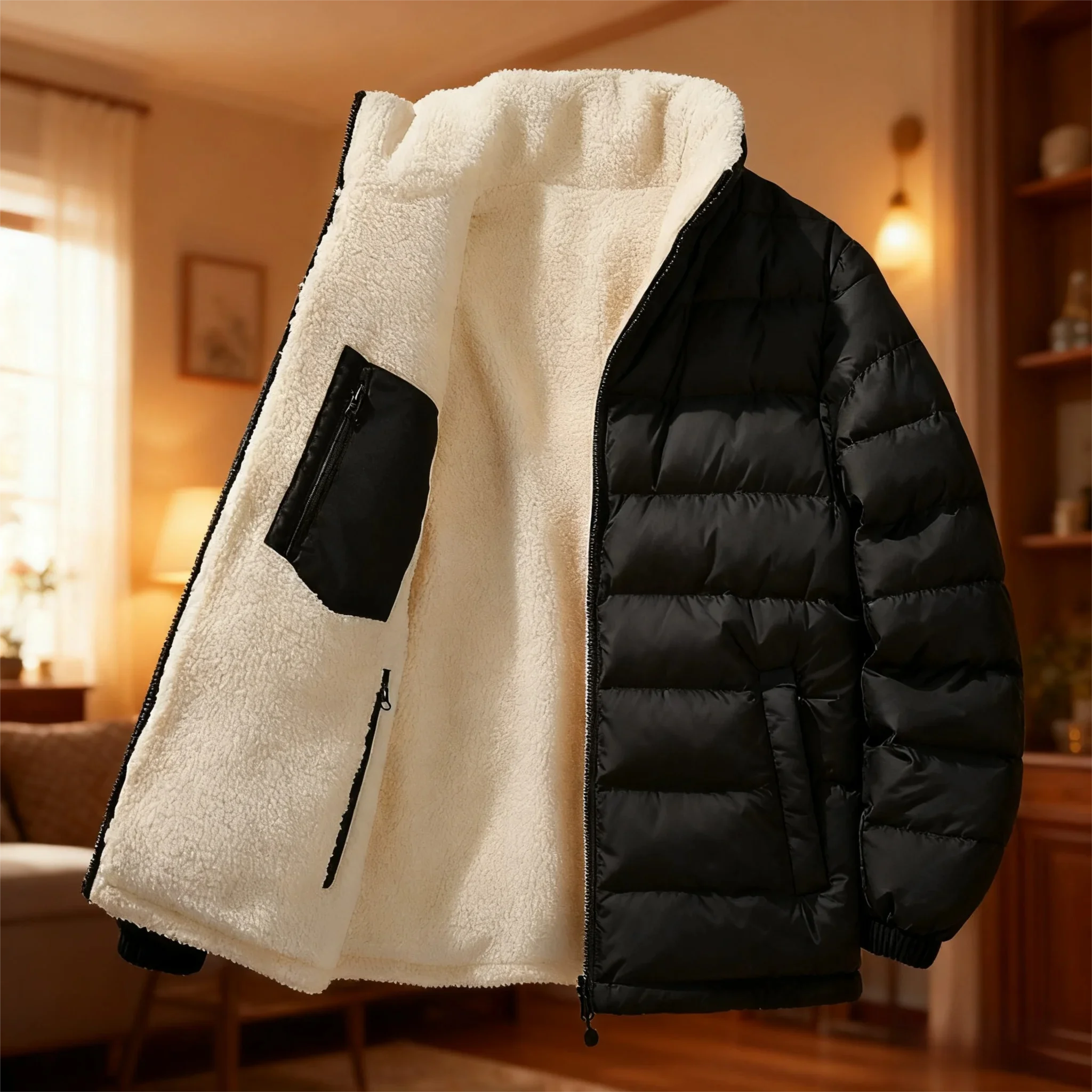 

Men's Winter New Style Lamb Wool Lined Thickened Puffer Jacket - Reversible, Loose Fit & Warm