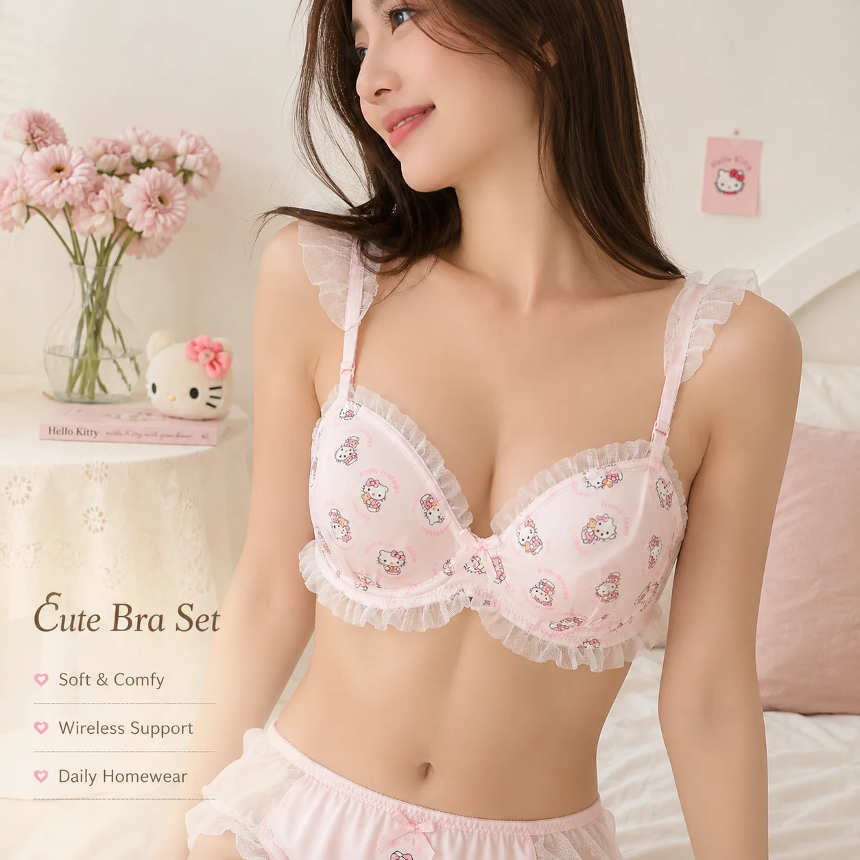 Hello Kitty Sanrio Cute Lace Bra Set Sweet Bow Wireless Underwear Comfortable Skin-friendly Lingerie Set for Women - view 6