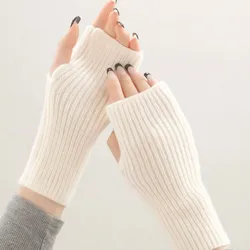 Women Trendy Warmer Gloves Winter Short Arm Sleeves Solid Knitted Half Finger Gloves Faux Wool Mittens Fingerless Hand Warmer