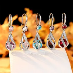 Dainty Cubic Zirconia Hook Clip Earrings Lantern Design Multi Color Stone Drop Earrings Materiał miedziany Elegancka biżuteria dla kobiety