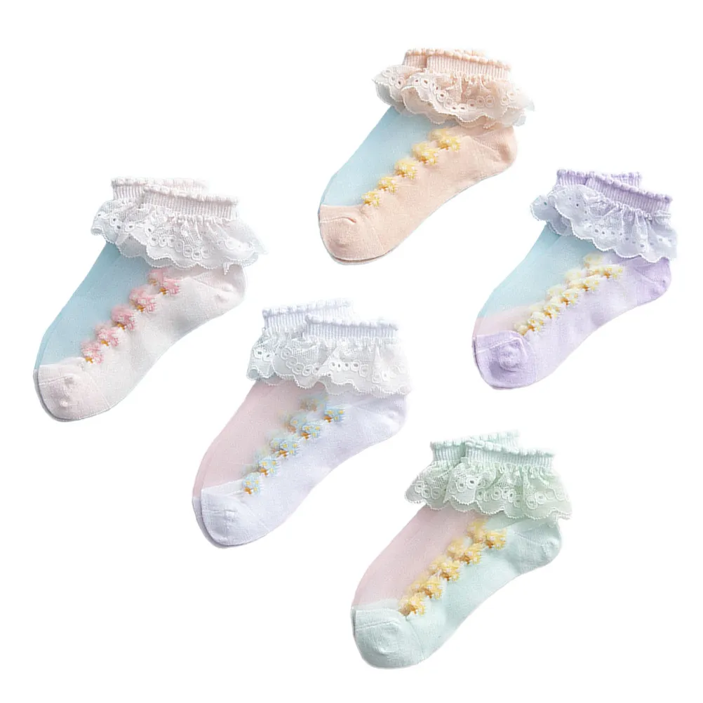5Pairs Girls Short Socks Lace Princess Style Comfortable Lightweight Sweat Wicking Ankle Socks for Kids 3 5 Years Old Sneakers