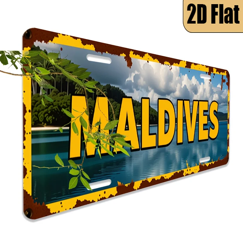 1pc Vintage Maldives Scenery License Plate - 2D Flat Tropical Island Design with Palm Trees & Turquoise Waters, 6x12 Inch Rust-F