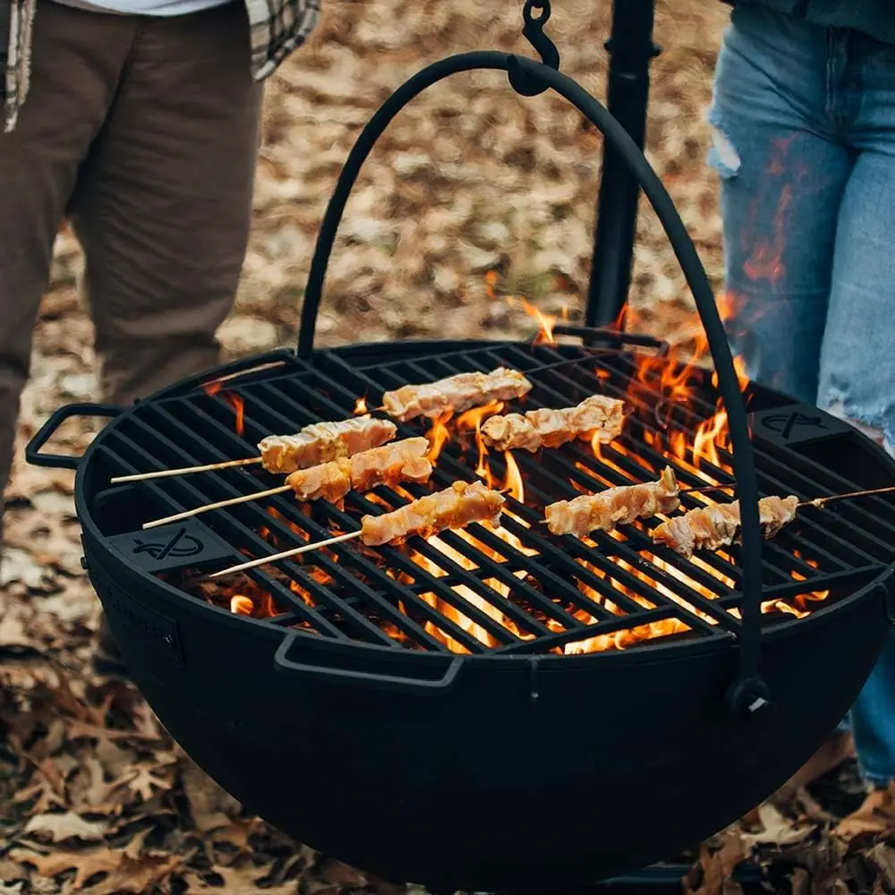 Ash & Ember 30" Cast Iron Cauldron Fire Pit Bowl with Double Hinged Grill Grate with Easy-Lift Handles, Handing Chain & Cauldron