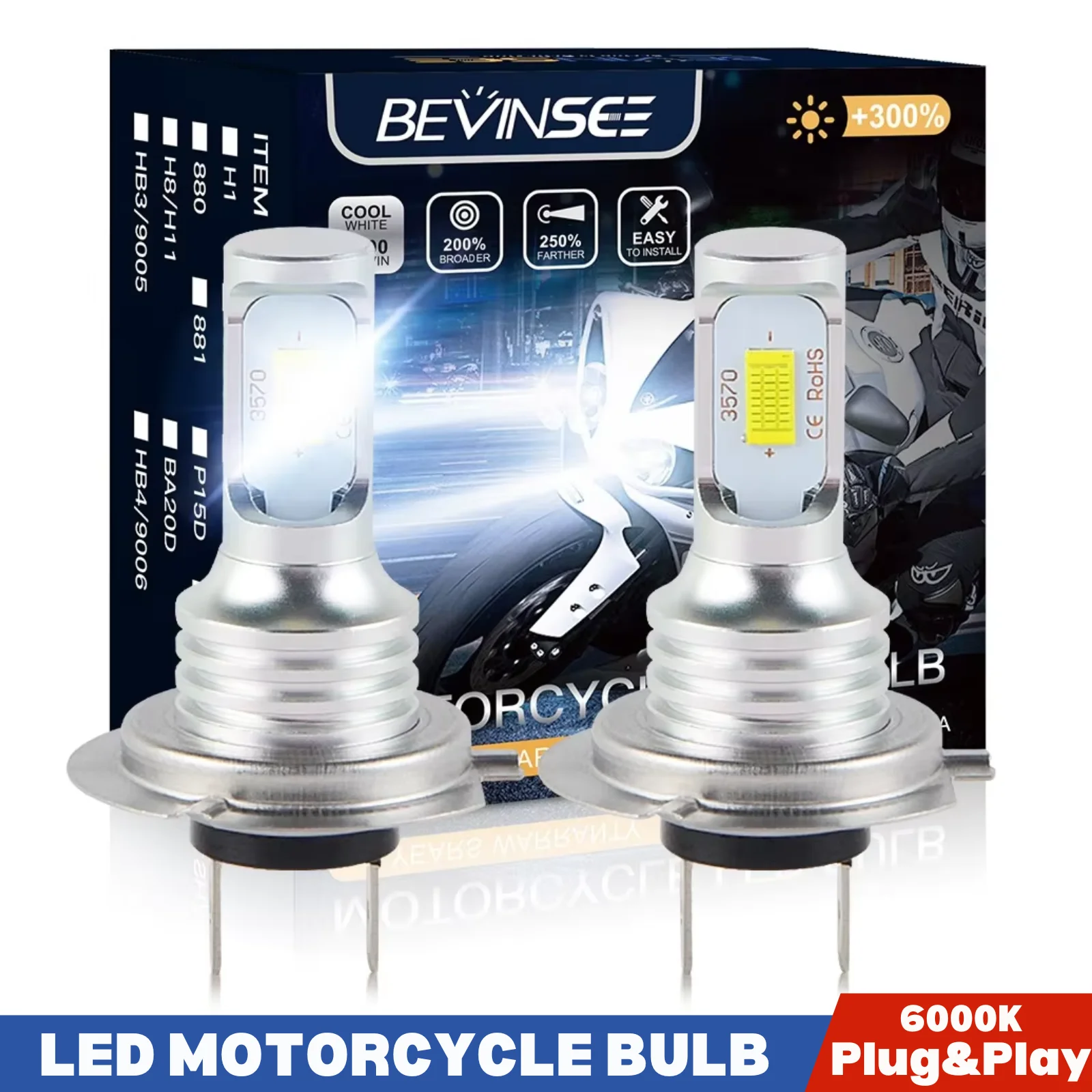 

BEVINSEE H7 LED Motorcycle Headlight Bulbs 6000K White Plug & Play 1:1 Halogen Size Fanless H7 LED Moto Light Headlamps IP68 12V