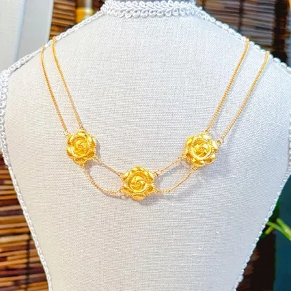 

Luxury 24K 9999 Pure Gold real gold Women's Rose Necklace All-match Double-layer Necklace