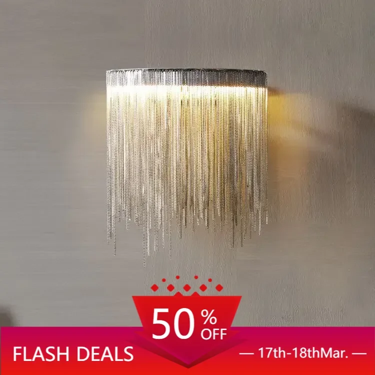 

Nordic Luxury Tassel Chain Wall Lamp Creative Dimmable Bedroom Living Dining Room Bedside Wall Decor Led Sconce Light Chrome