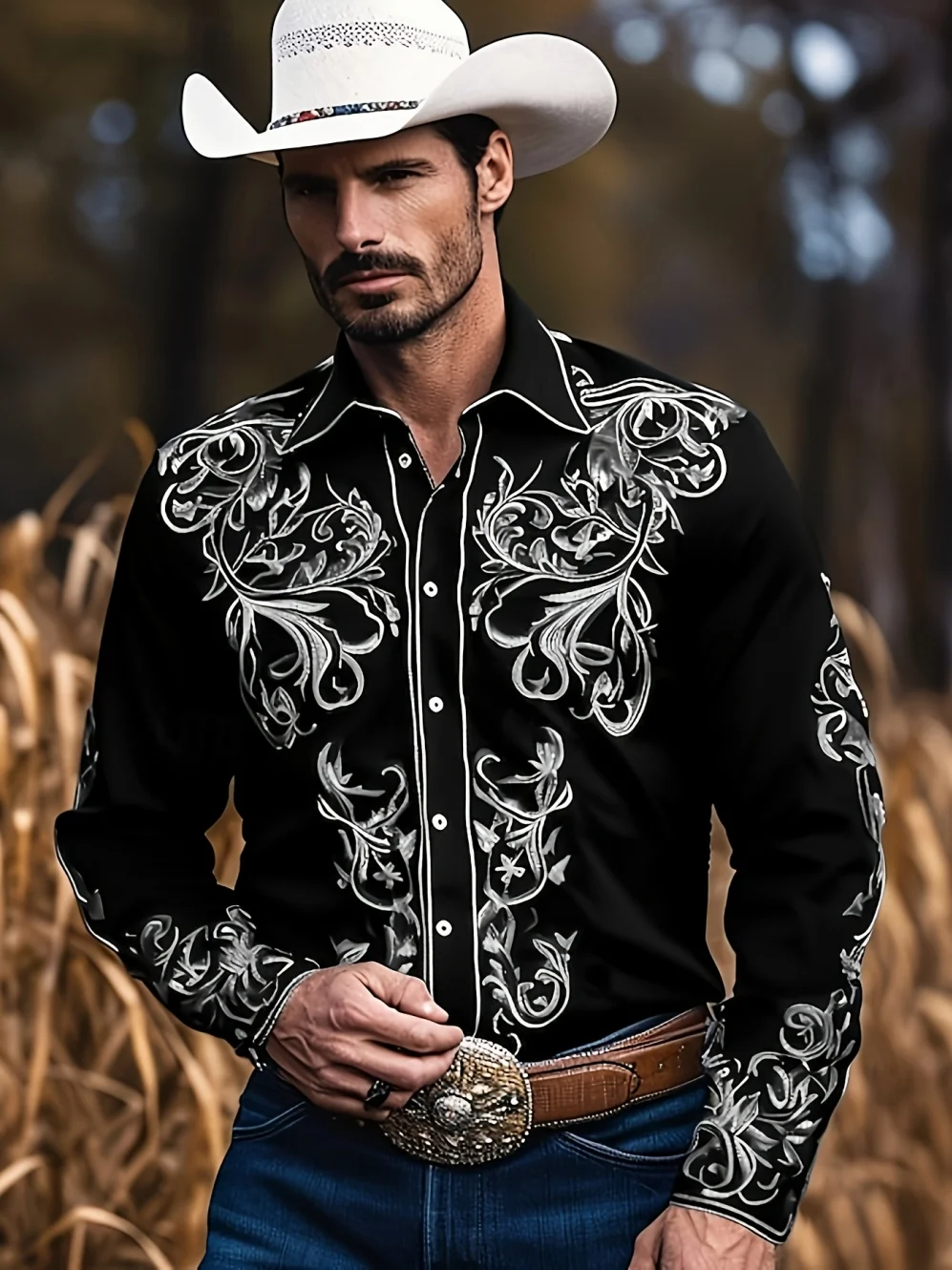 Men's Shirt Western Cowboy Floral Scroll Print Long Sleeve Button Down Shirts Turn Collar Vintage Country Style Top Men Clothing