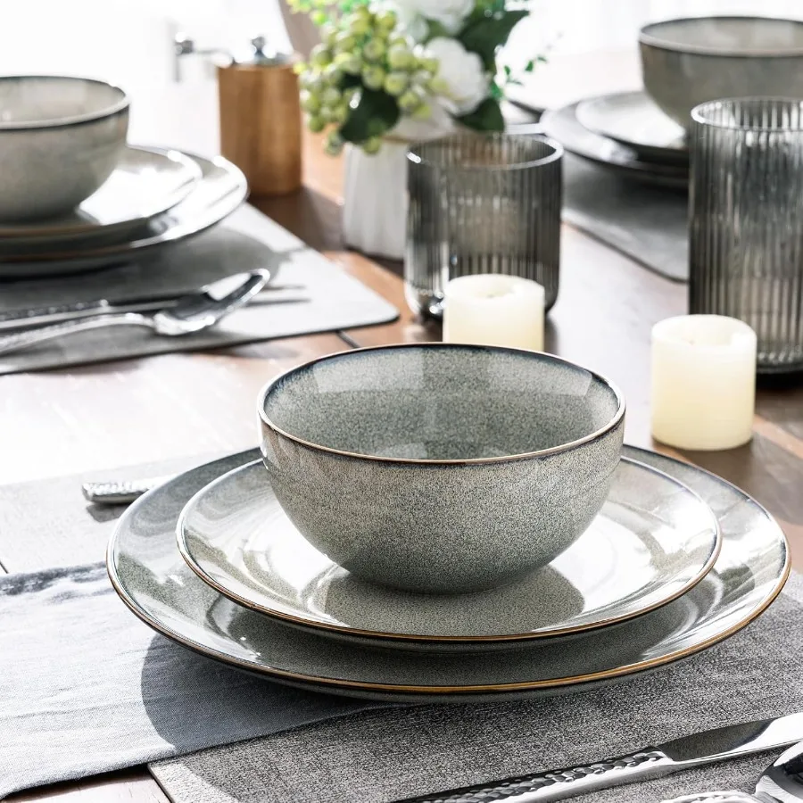 Ceramic Dinnerware Sets for 8 Including 24 Pieces Stoneware Plates and Bowls with Reactive Glaze Ideal for Everyday Dining and