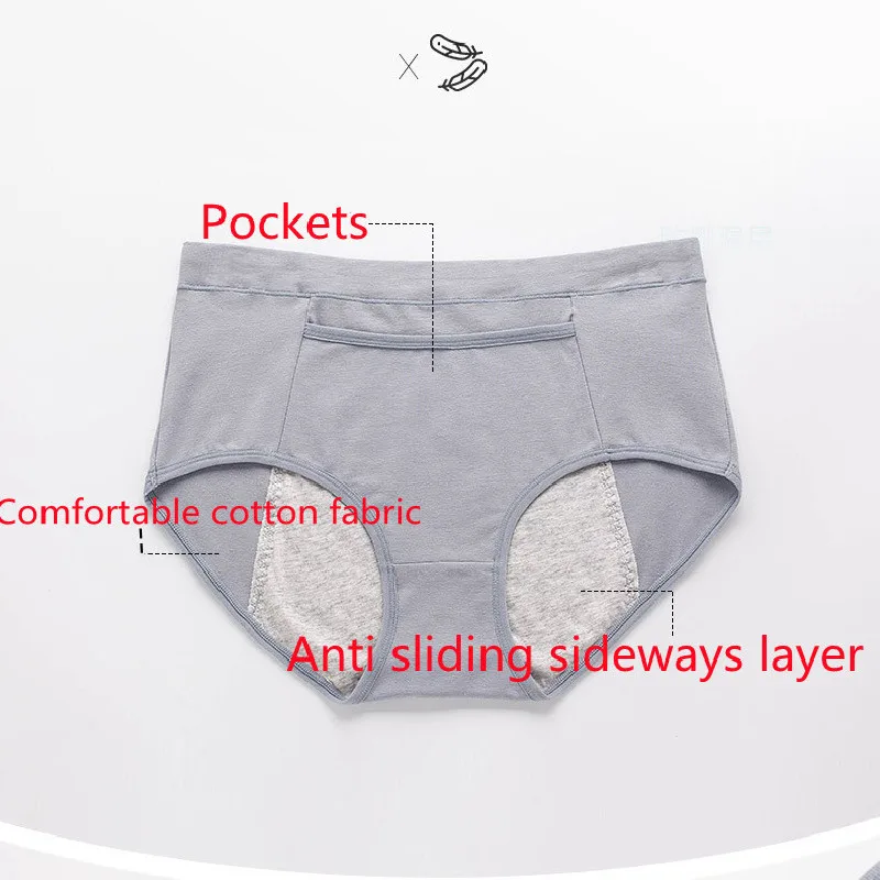 Calcinha Menstrual de Algodão com Bolso para Mulheres, Absorvente Vazamento, Shorts Midwaist, Cuecas Sexy Respiráveis, L-4XL