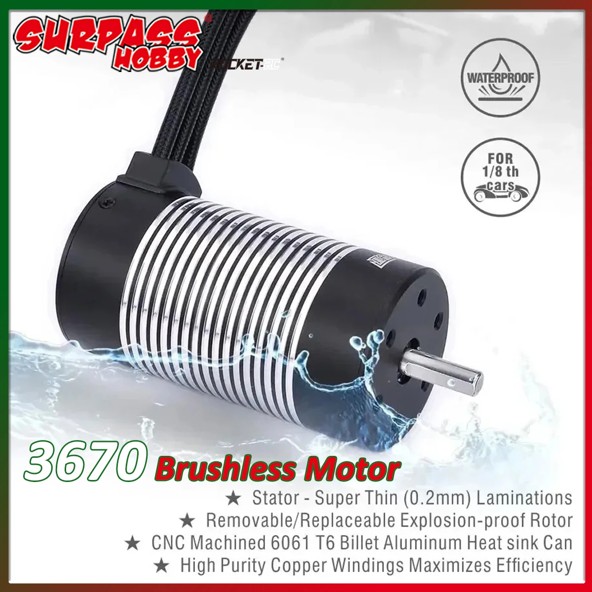 Surpass Hobby Rocket 3670 1900KV 2150KV 2650KV 3050KV Brushless Motor Waterproof 5MM for 1/10 RC Racing Car Truck Model Toy Part