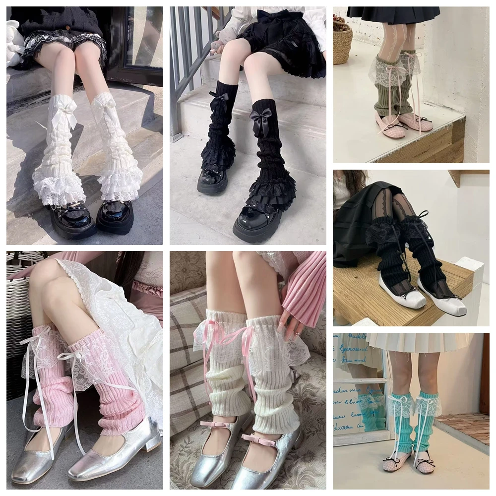 

Японские гетры JK Lolita, зимние - белые вязаные гольфы с кружевной отделкой, гетры для Kawaii, школьная мода