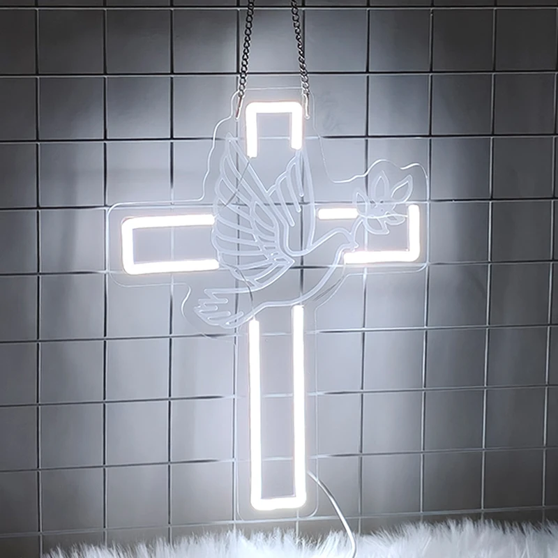 Dove Cross Neon Sign USB Powered LED Neon Light Sign Christian Religious Wall Decor for Bedroom Church Prayer Home Decor Gift