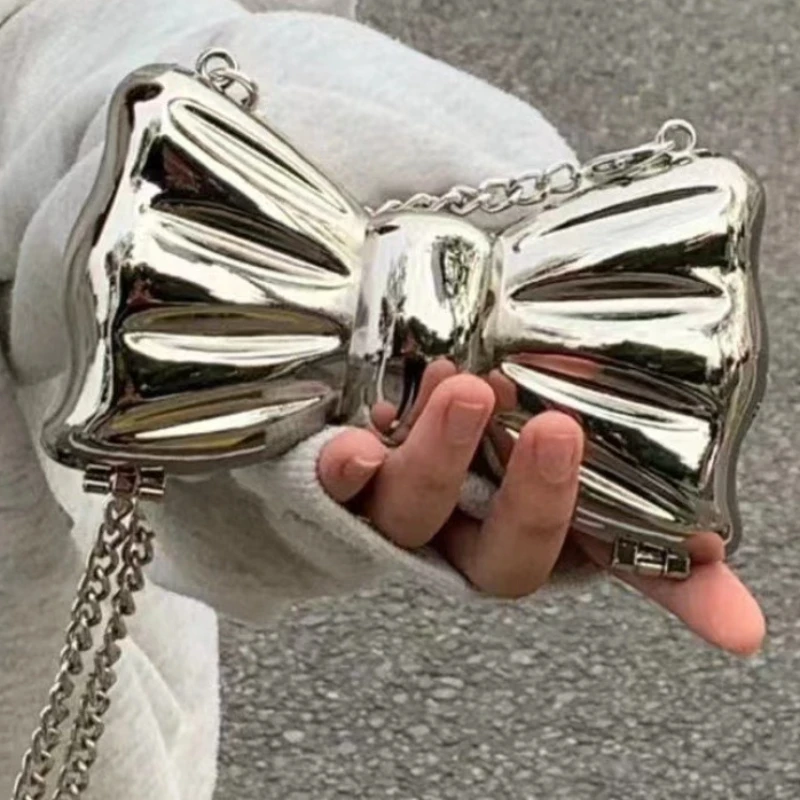 

New Mini Evening Bag Metal Purse Crossbody Handbag for Girls Kid Women Bowknot Chain Shoulder Bag for Party Wedding
