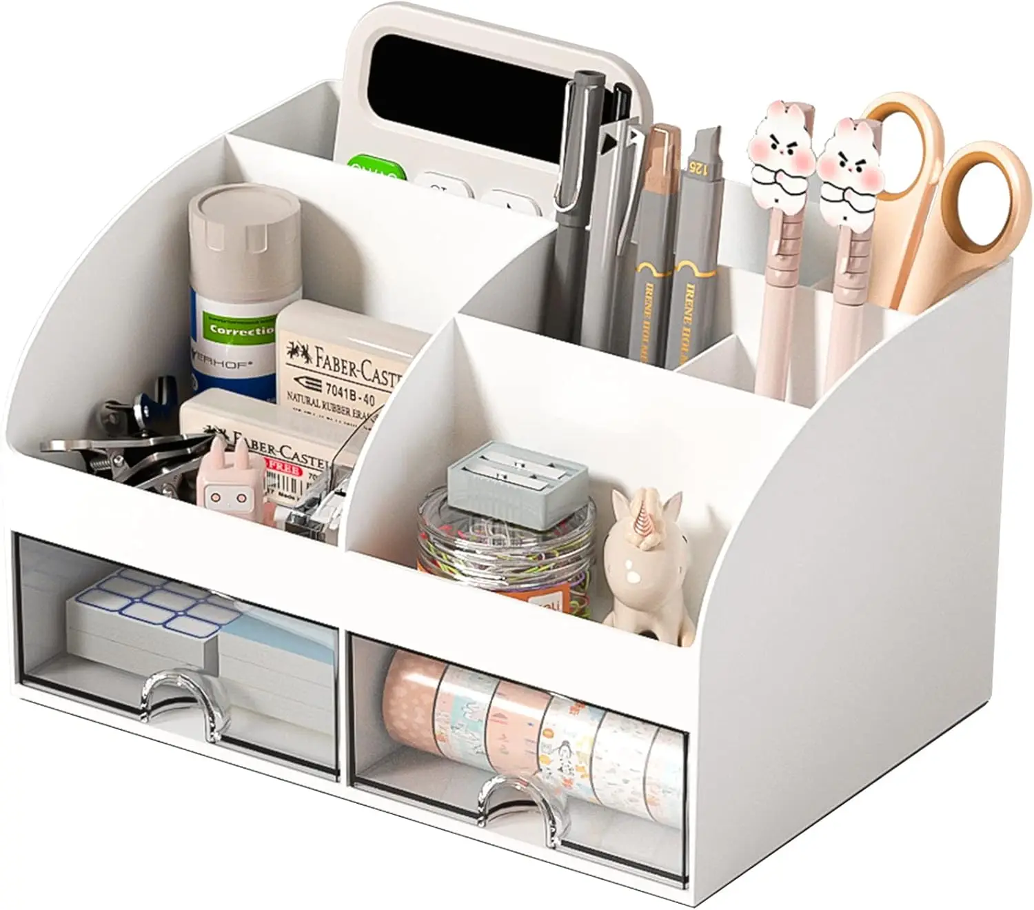 

6-Compartment Desk Organizer with 2 Drawers, Plastic Pen Holder for Home Office School Supplies, White
