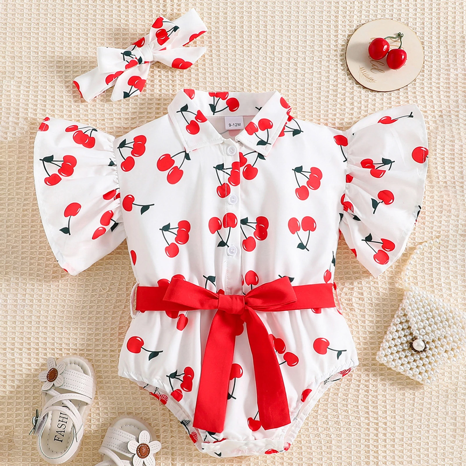 

Baby Girls Romper Set Cherry Print Fly Sleeve Button Closure Belted Romper with Hairband