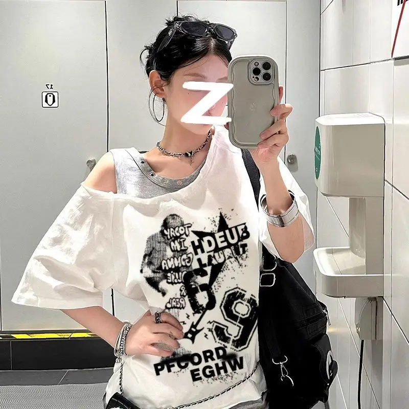 

Vintage Patchwork Summer Fashion Letter Printing Fake Two Pieces T-Shirt Women's Loose Sexy Off Shoulder Pure Cotton Tops