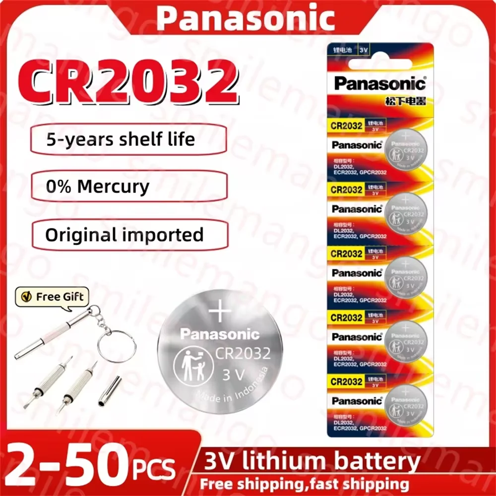 

2-50PCS Original Panasonic CR2032 3V Lithium Battery DL2032 BR2032 5004LC 2032 for watch, toys, car key, Calculator +screwdriver