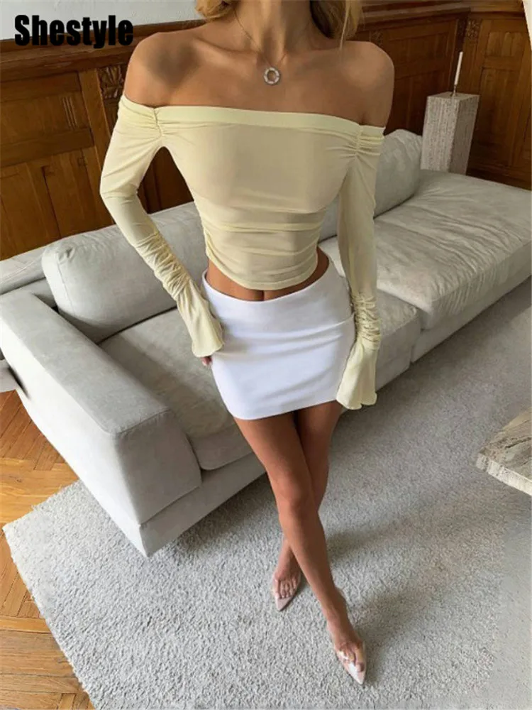 Shestyle Yellow Off Shoulder Full Sleeve Crop Tops Drawstring Full Sleeve 2026 Fashion Jazz Dance T-Shirt Autumn Fall Outwear