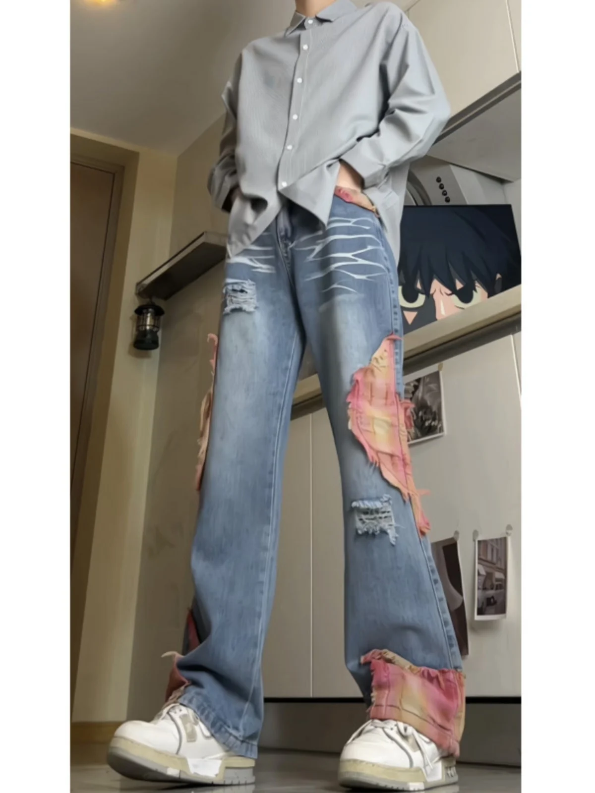 

Trendy Plaid Hole Design Men's Summer Straight Leg Jeans Hip Hop Loose Fit Cotton Polyester Blend Wear Resistant Jeans