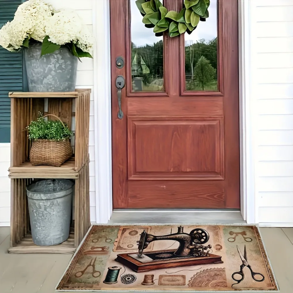 Vintage Sewing Machine Scissors Pattern Entrance Doormat Non Slip Washable Kitchen Laundry Floor Carpet Home Decor Rug 1PC