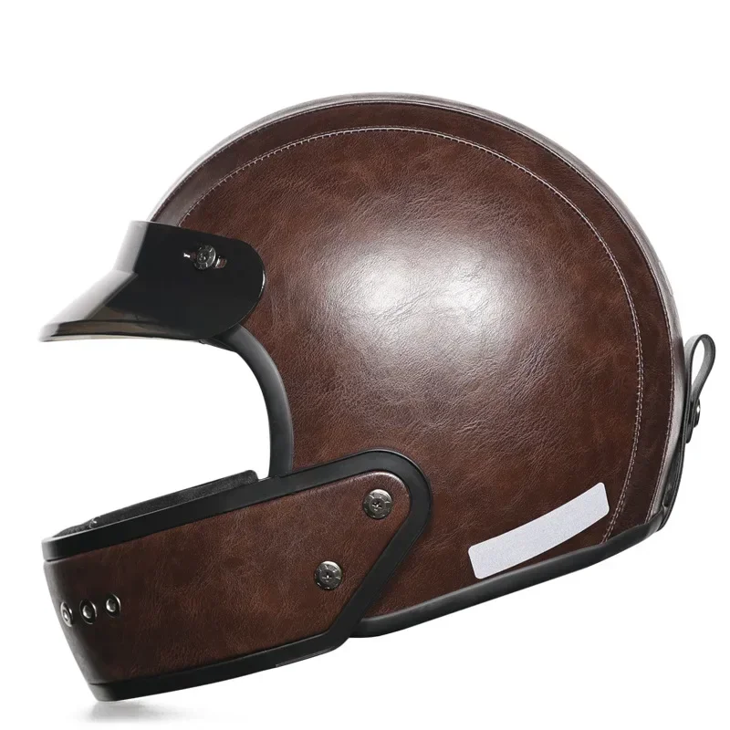 Retro Helmet Leather Lining Motorcycle Full Helmet Removable Chin Vespa Locomotive Men Women Lightweight Small Shell Capacete