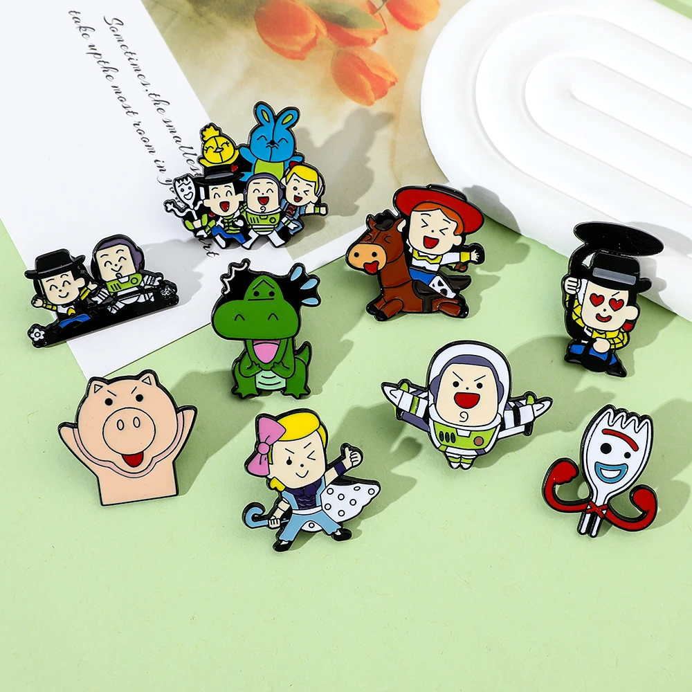 Kawaii Cartoon Character Enamel Lapel Pin  Cowboy, Spaceman, Dinosaur & Pig Pattern Decorative Brooch Badges, Clothing Ornament
