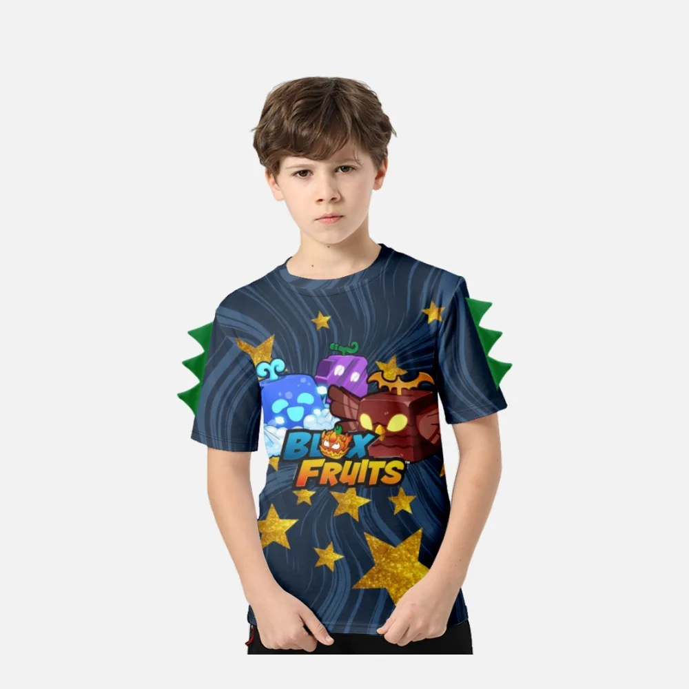 New Blox Fruits Children's Clothing Fashionable Comfortable Casual Dinosaur Round Neck Short Sleeve Versatile T-shirt Gift