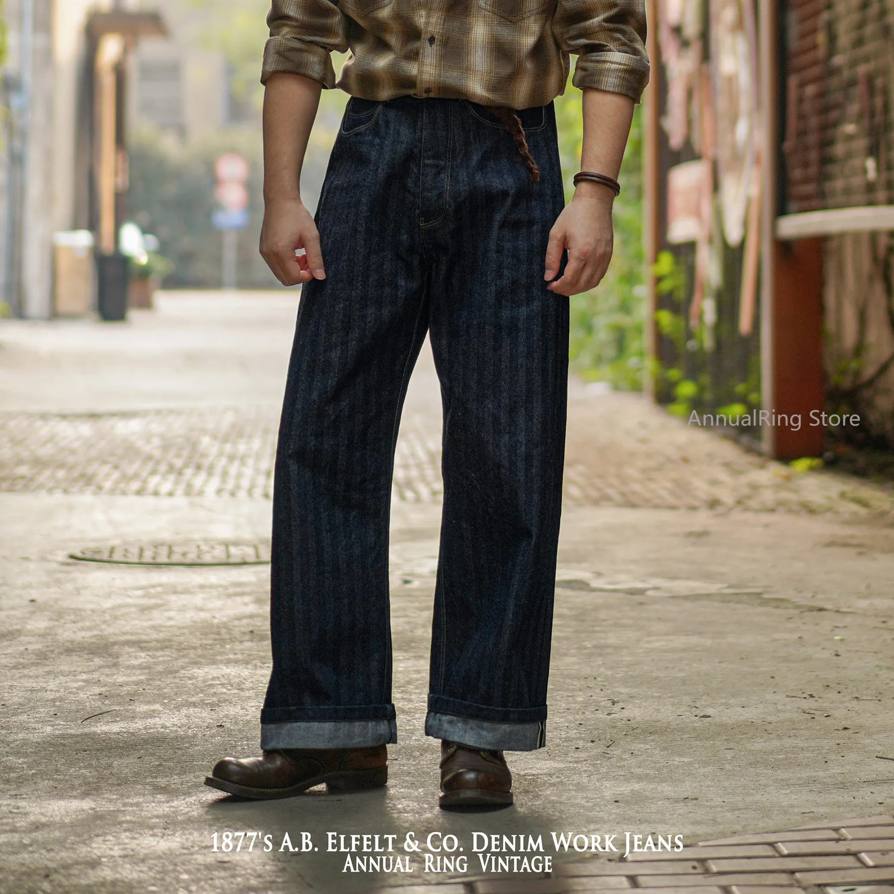 AnnualRing Men Selvedge Denim Jeans American Vintage Loose Herringbone High Waist Wide Leg Trousers