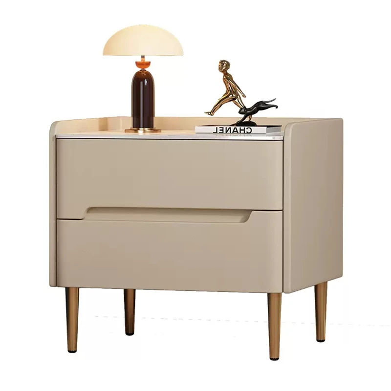 

All solid wood bedside table light luxury rock slab locker bedroom simple modern bedside table leather small cabinet