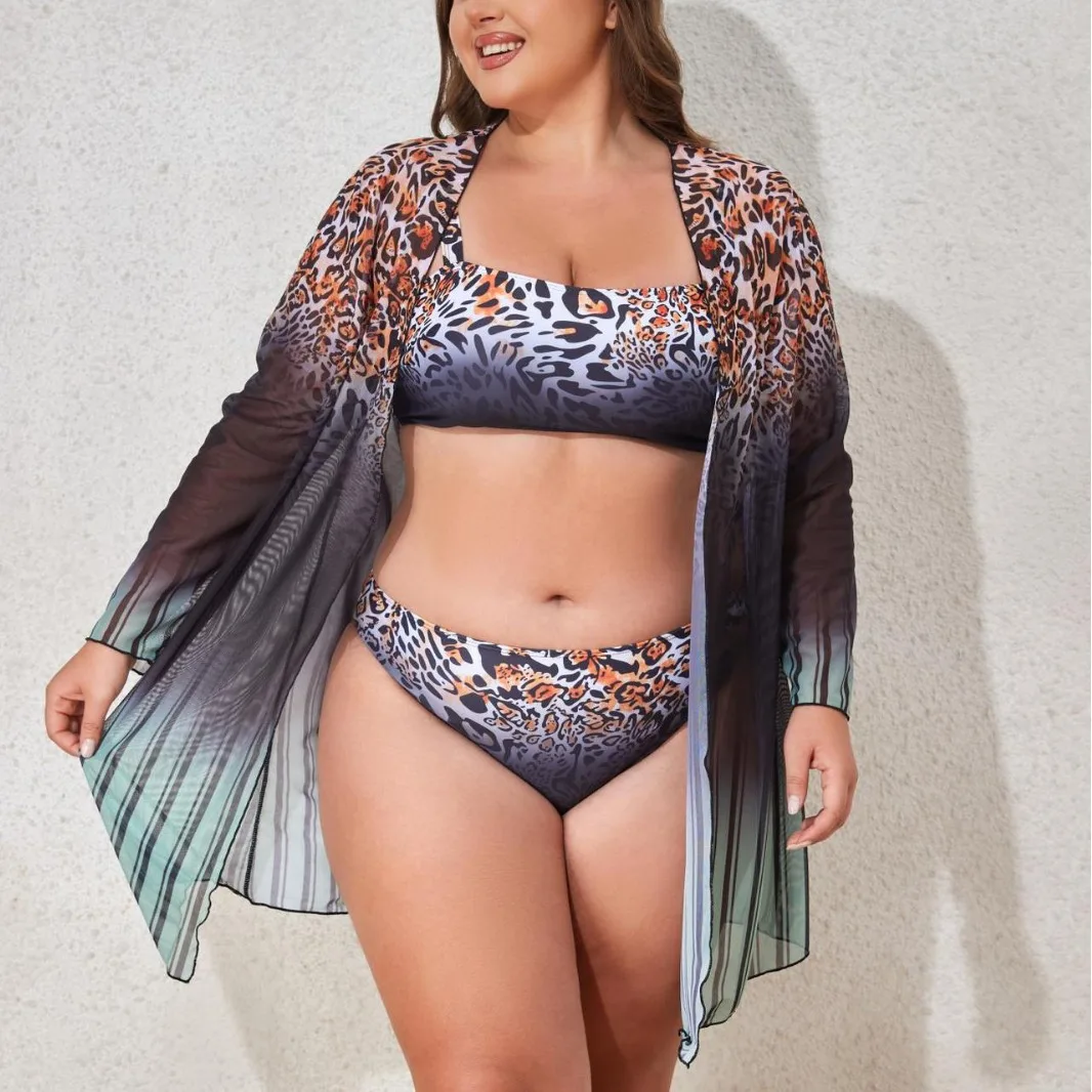 Sexy High Waisted 3-Piece Bikini Set with Sunscreen Cover Coat Plus Size Women Swimsuit Swimwear Summer Beachwear Bathing Suit