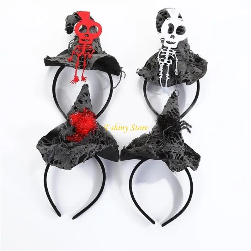 N58F Distressed Witch Hat Headband Spiderling Skeleton Halloween Headdress Hairbands