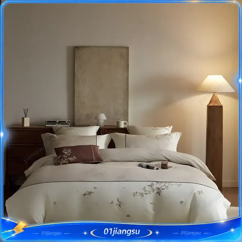 Luxury Butterfly Flower Embroidery Bedding Set 600TC Egyptian Cotton Jacquard Duvet Cover Sheet Pillowcase Home Textile