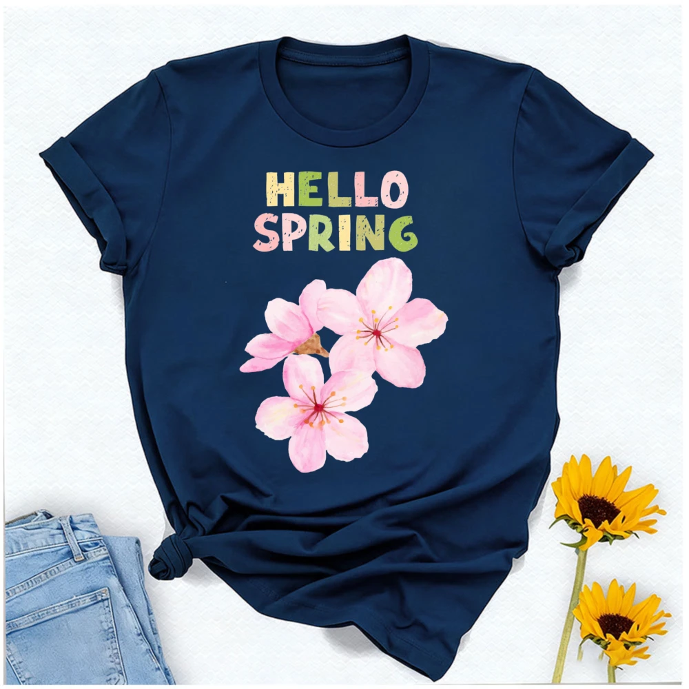 Hello Spring A Cheerful Greeting to the Season of Renewal Featuring Delicate Cherry Blossoms in Watercolor Style Casual T-shirt
