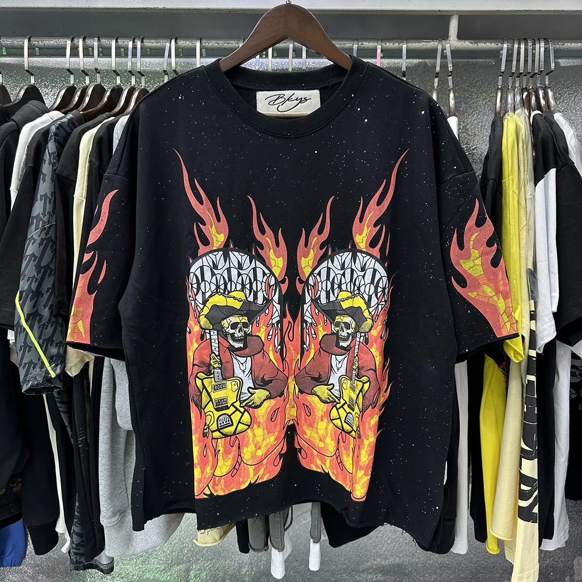 American Rock Guitar Skull Print Sweater Fabric Bling Flash Powder Short Sleeve T-Shirt Street Style City Walk Casual Cotton Tee