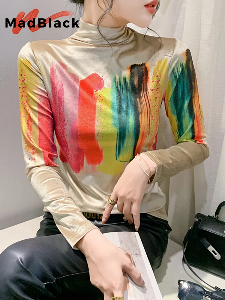 

MadBlack Turtleneck Tshirt Women Sexy Slim Printed Warm Velour Tops Long Sleeve Clubwear Tee New Fall Winter T3N516JC