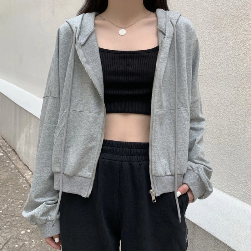 Full Zip Up Cropped Woman Hooded Tops Long Sleeve Novelty 90s Vintage Korean Fashion Cheap Harajuku Hoodies Sweatshirt for Women