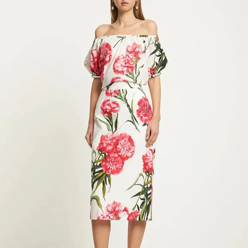 

Модный дизайнерский костюм, летний женский комплект на тонких бретельках с квадратным воротником и гвоздиным принтом, топ + юбка, комплект из 2 предметов