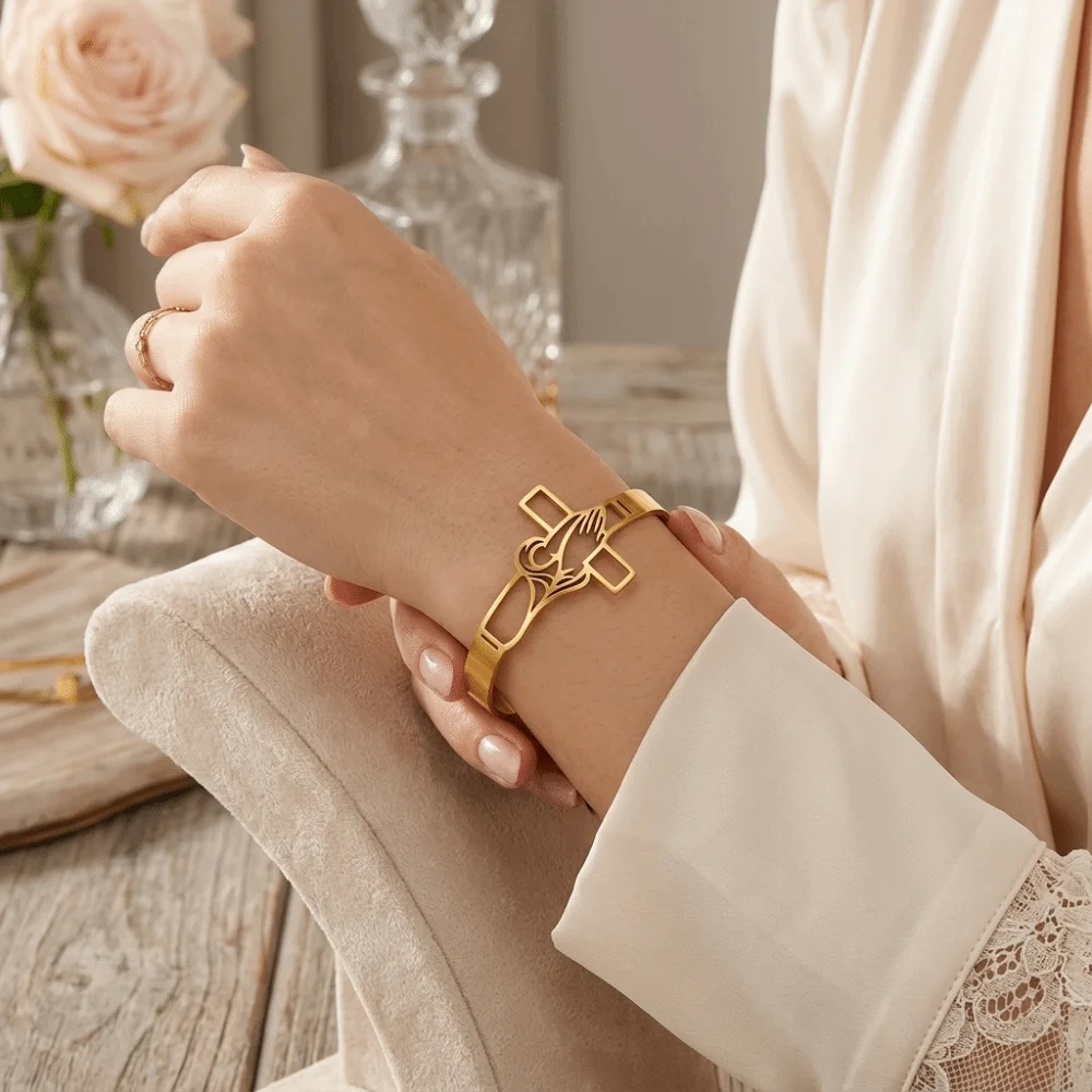 Polished Stainless Steel Cross Bangle Tarnish-Resistant Open-Ended Design Cuff Bracelet Unisex Adjustable Timeless Appearance