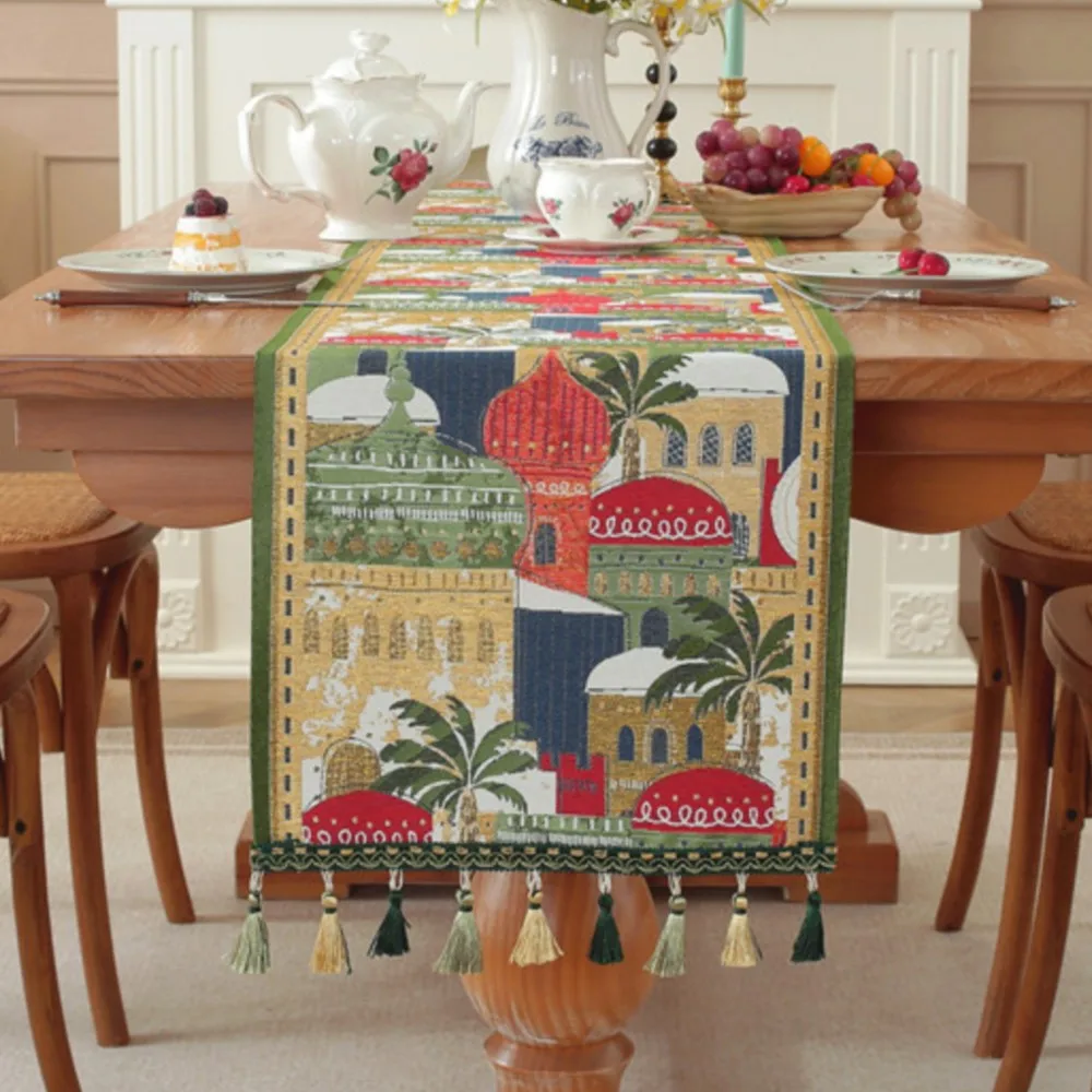 2026 عيد الفطر غزل مصبوغ الجاكار الجدول عداء البوليستر أضواء النجوم/الجمل/نمط القلعة شرابة تقليم السرير عداء/مفرش المائدة