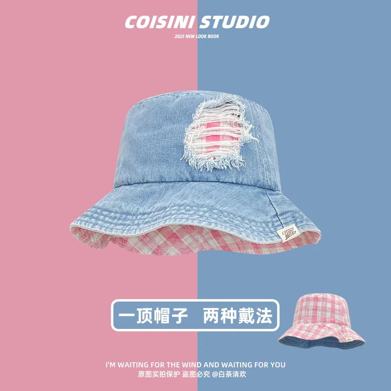 

Japanese Niche Hole Design Double-sided Can Wear Denim Bucket Hats Women Summer Casual Sun Protection Versatile Men's Cap