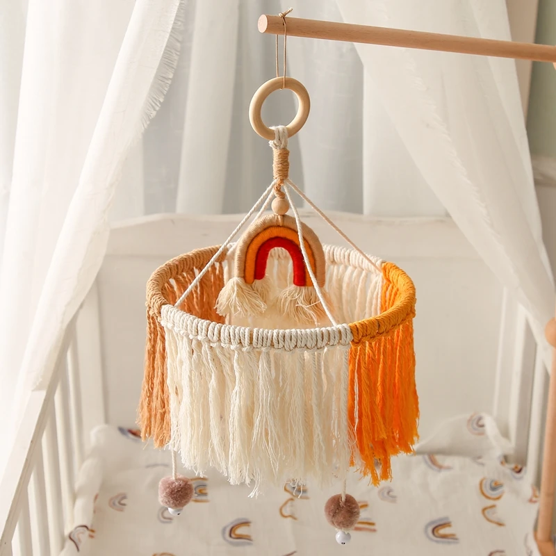 Macrame Rainbow Baby Mobile Boho Bracket Mobile Hanging Rattles Baby Toys Wooden Bed Bell Holder Arm Bracket for Babies Gift