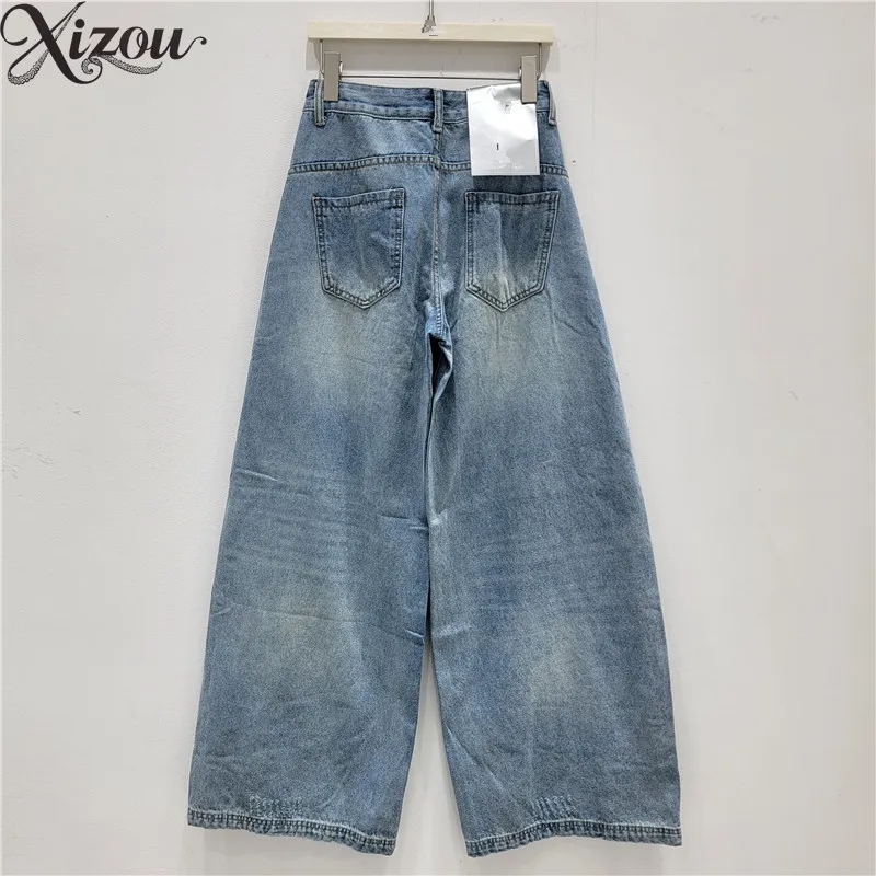 American High Street Niche Wide Leg Jeans Women 2026 Spring 3D Metal Denim High Waist Pants A-Line Loose Fit Straight Europe