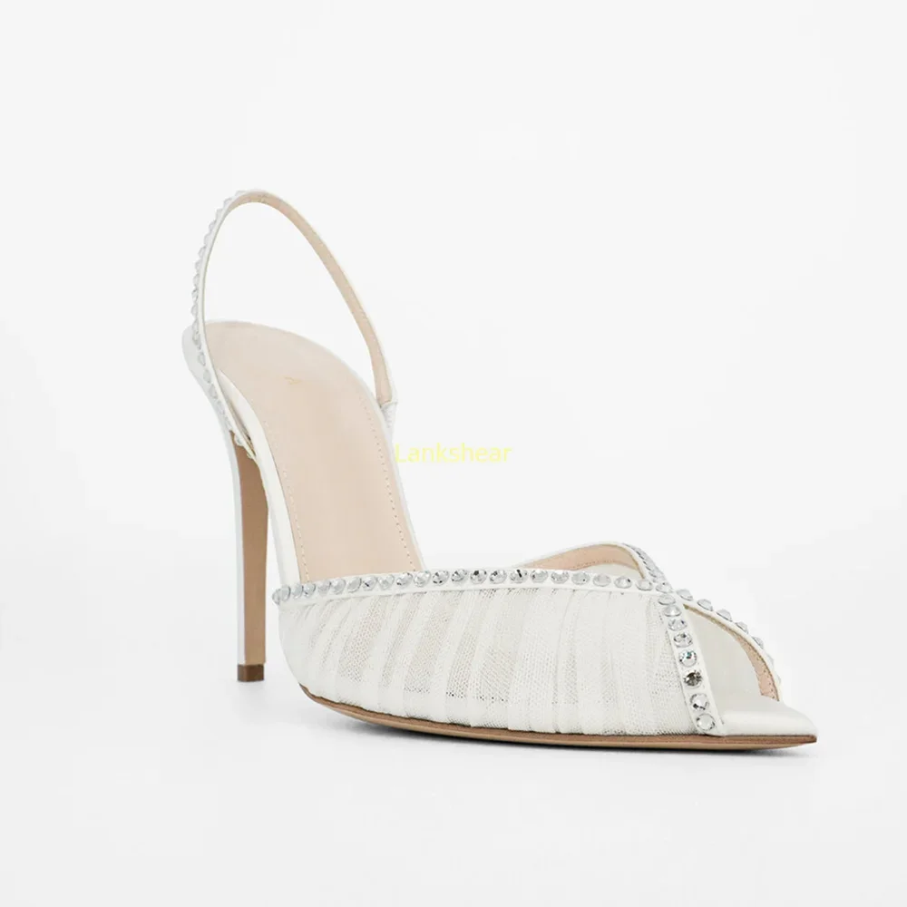 

Crystal Mesh Peep Toe Slingback Sandals Sexy Pointed Toe Thin Heel Solid New Arrivals Fashion Women Modern Shoes