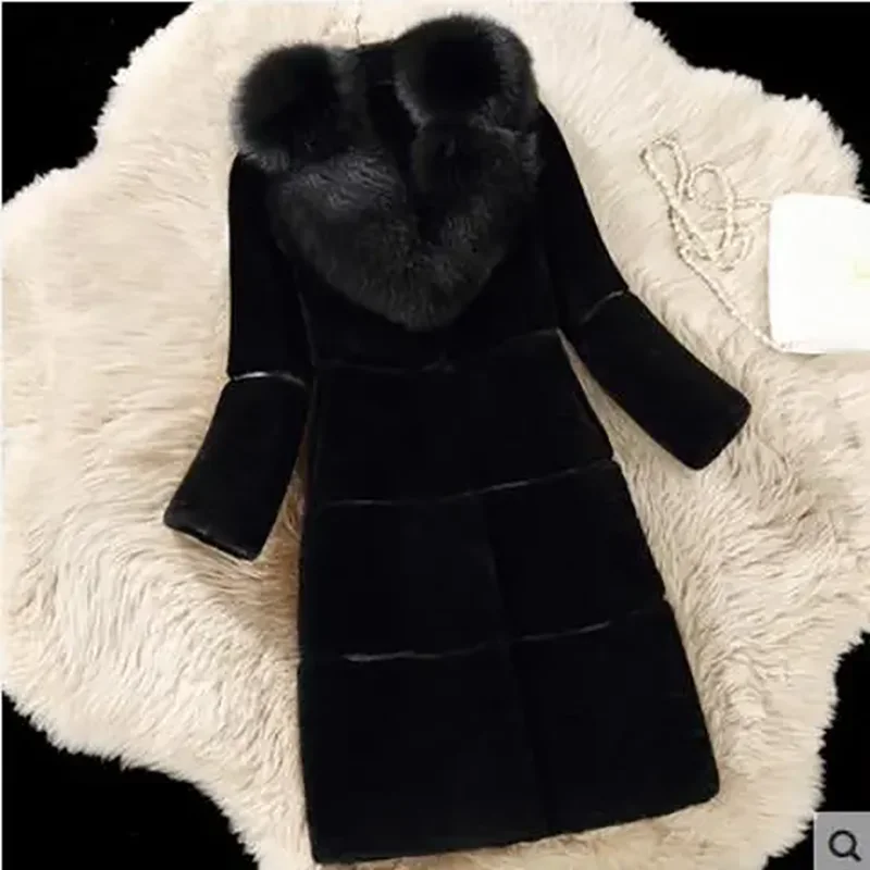 Winter New Sheep Shear Fur Jacket Women Overcoat Fashion Slim Mid-Length Warm Parkas Female Fox Fur Coat Outwear