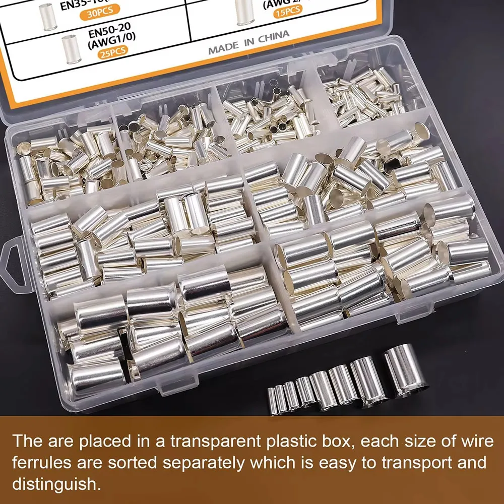 305Pcs Wire Ferrules Kit Silver Plated Copper Crimp Terminal Connector AWG (1/0 2/0 2 4 6 8 10 12) Sleeves Cord Pin End Terminal